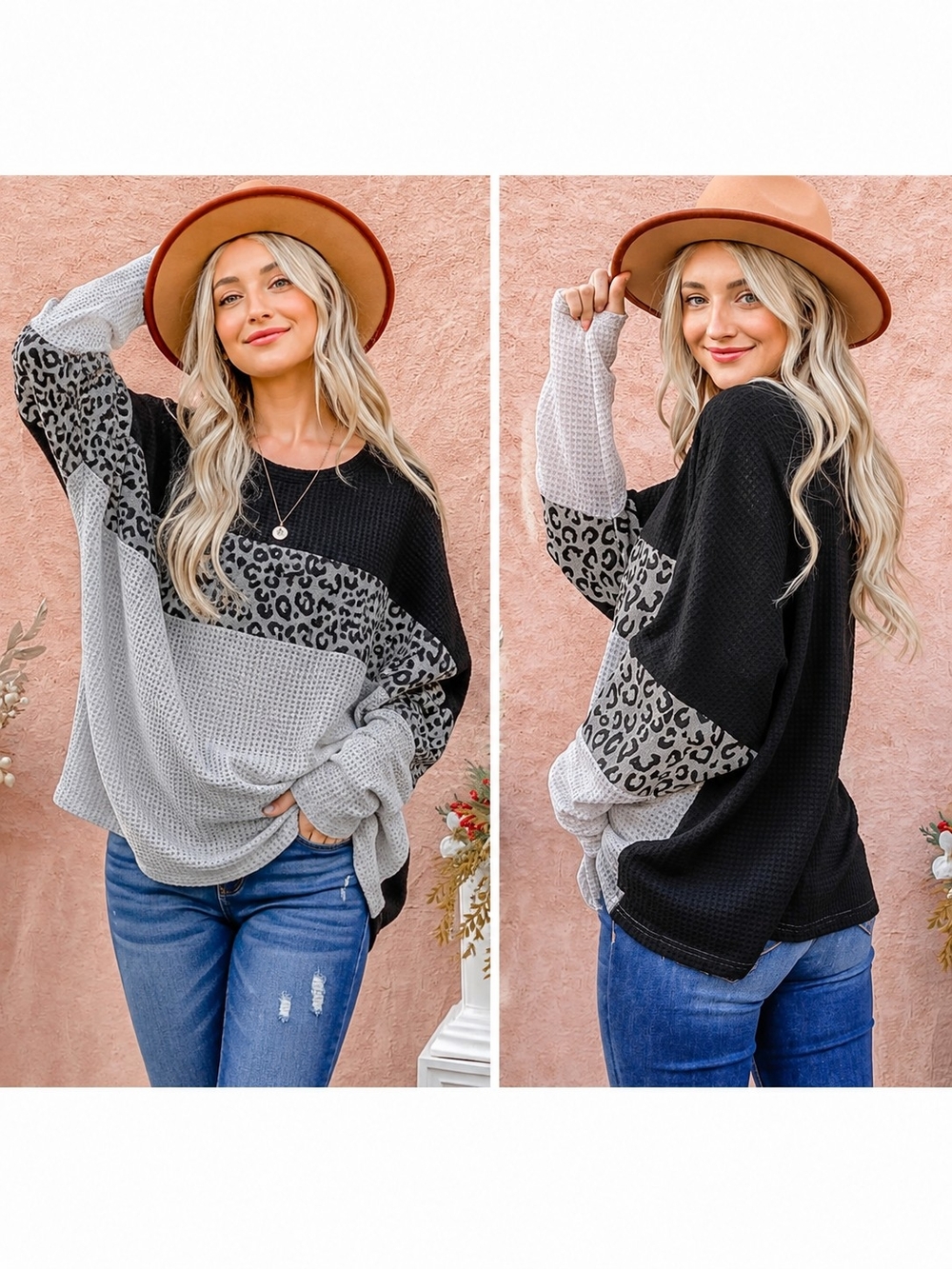 Andthewhy L Leopard Print Waffle Knit Oversized Sweater Black Oatmeal Boho